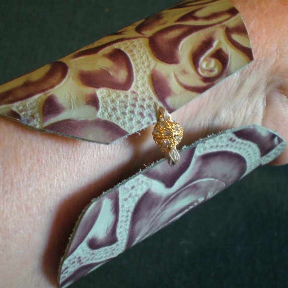 One of a Kind Wide Embossed Leather Cuff with Gorgeous Agate and more - Picture 2 of 5